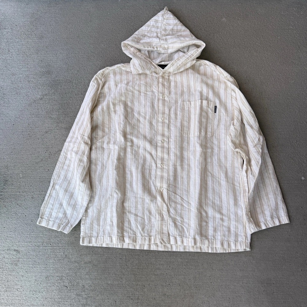 Daily Paper Men's Hooded Button-Up Shirt Size L Beige Tan Stripe Cotton